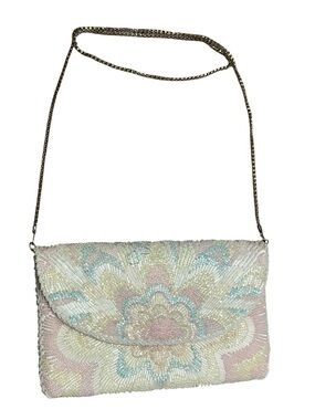 Vintage Studio 18 for La Regale 90s Pastel Floral Beaded Clutch | Gold Chain Bag